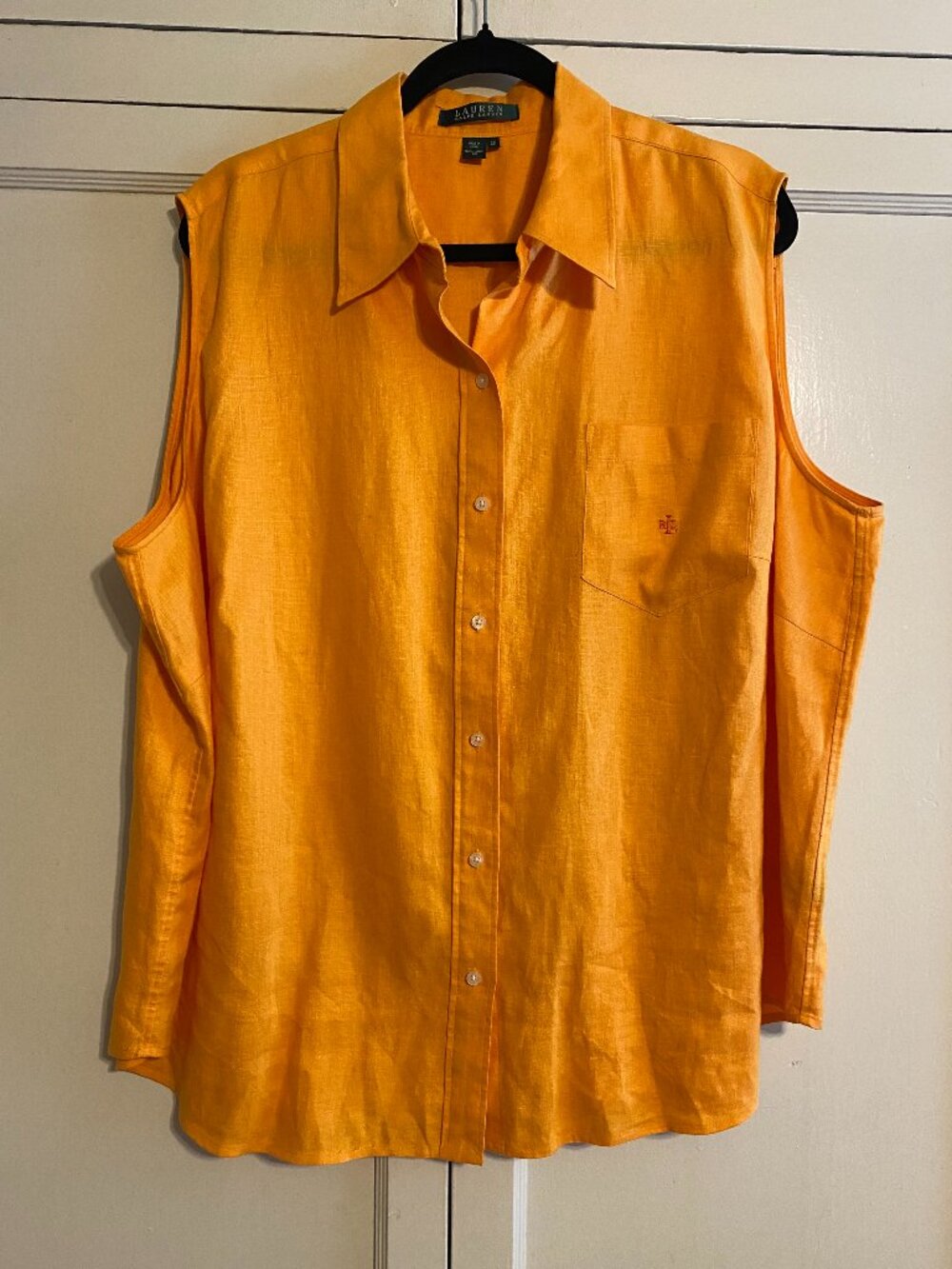RALPH LAUREN 100% Linen Sleeveless Button Down Tangerine Blouse Top LRL Logo 2X